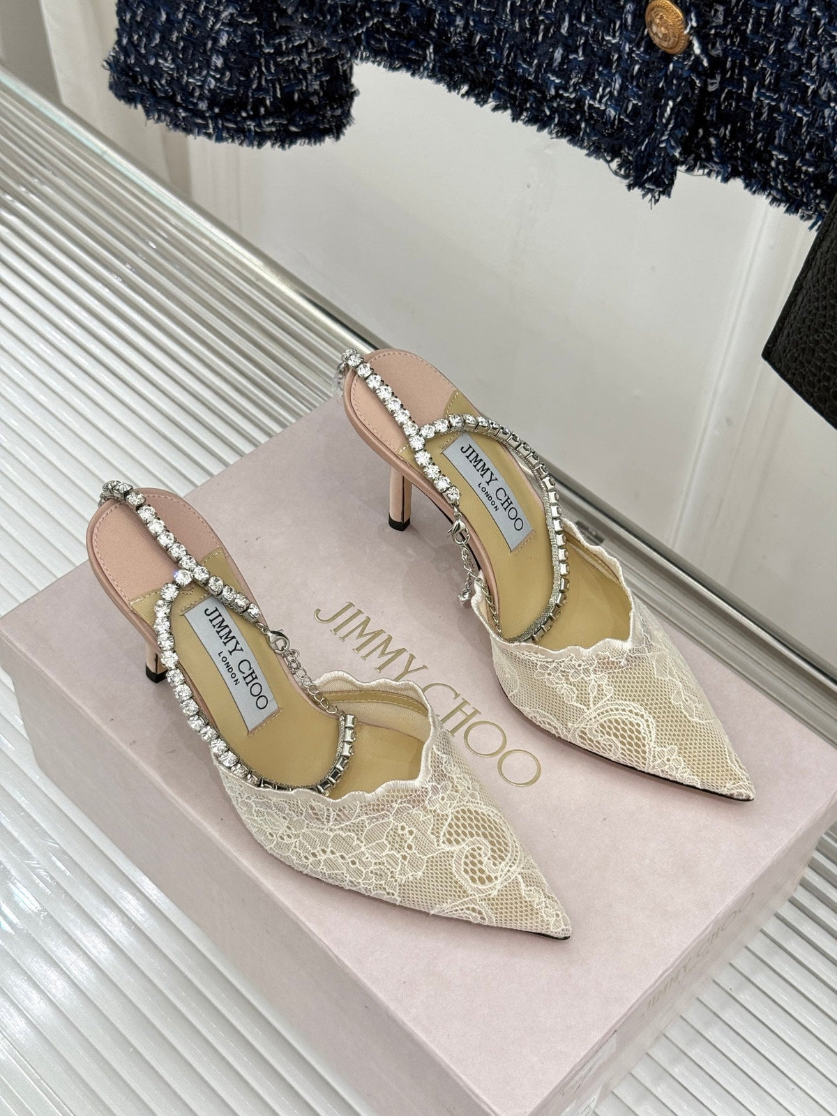 Jimmy Choo 26S Embellished High-Heeled Sandals 8.5cm Cream White Lace 639148
