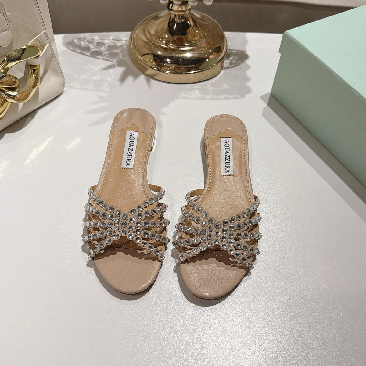 Aquazzura 26s Slides Beige Lambskin Crystal Embellished 619582