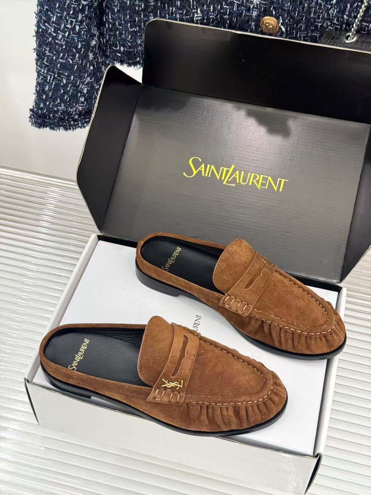 YSL 26ss Loafer Mules Dark Brown Calfskin Suede