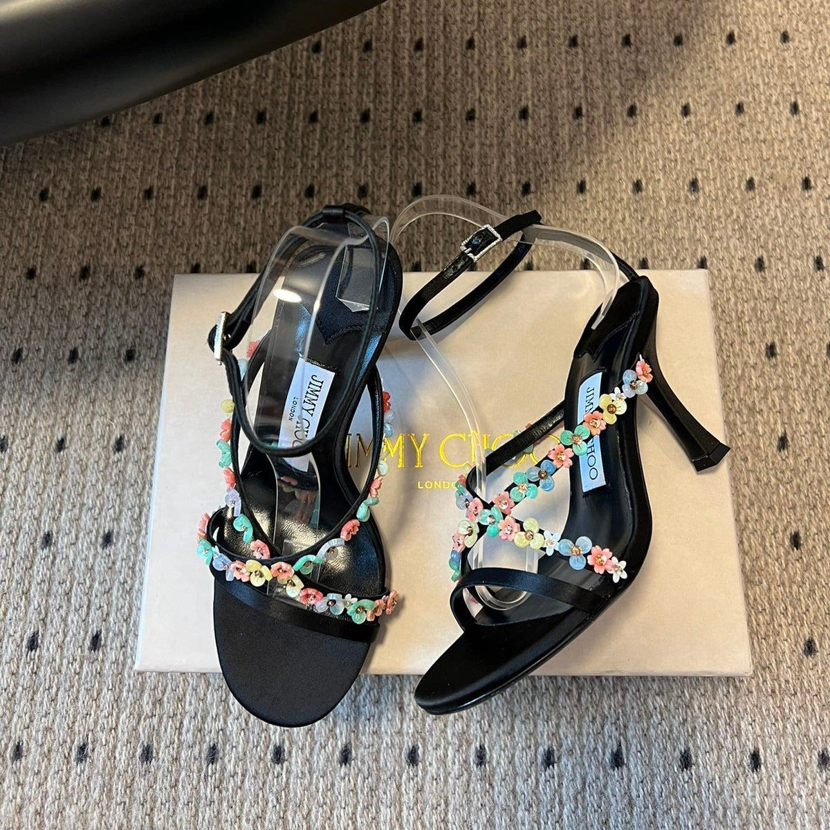 Jimmy Choo 26S Floral Heel Sandals 8.5cm Black Satin And Lambskin 524193