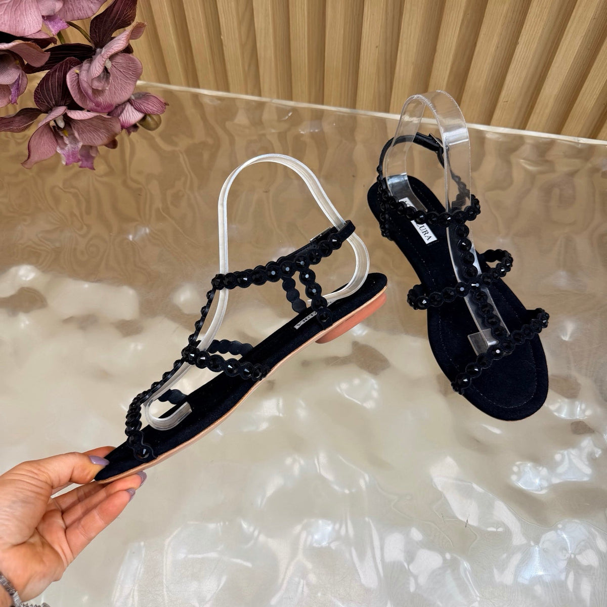 Aquazzura 26s Flat Sandals Black Suede Crystal Embellished 294817