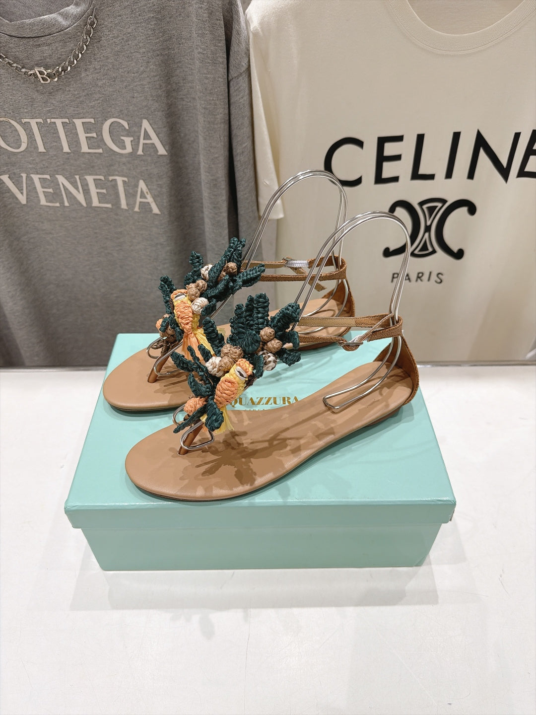 Aquazzura 26s Floral Applique Thong Sandals Brown Calfskin 618402