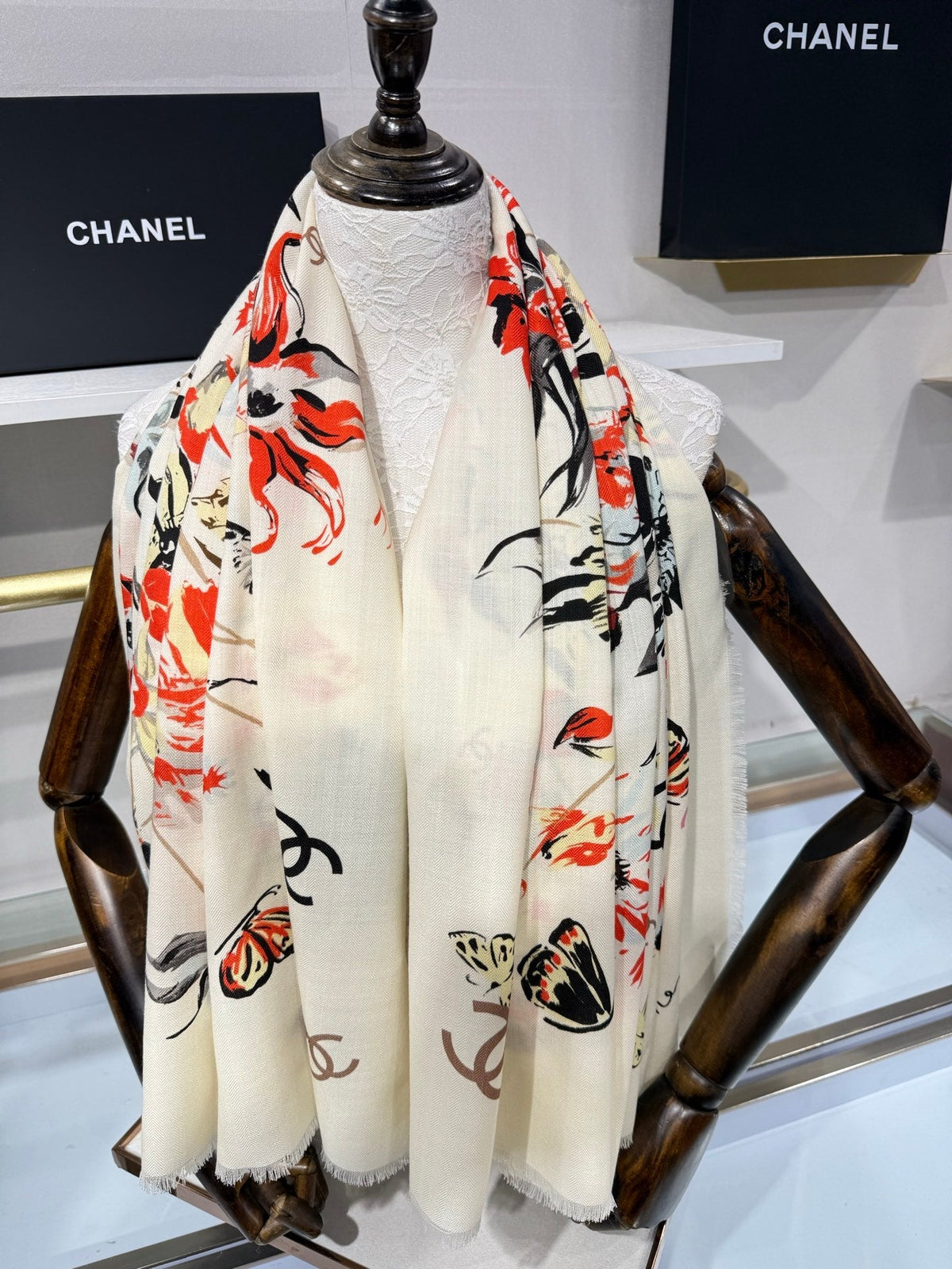 Chanel 2026 Square Scarf 140cm Red White Cashmere Silk 218853