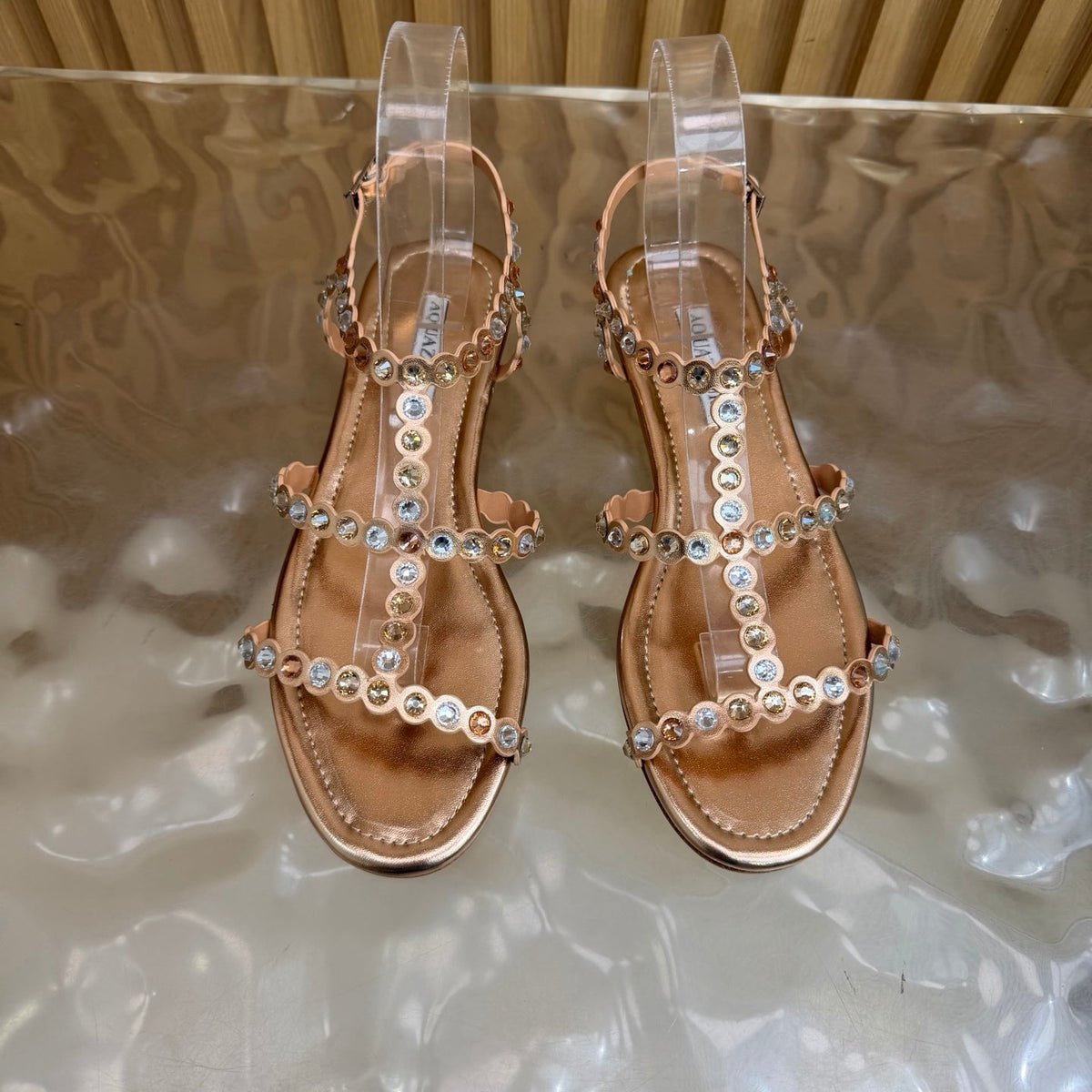 Aquazzura 26s Flat Sandals Rose Gold Calfskin Crystal Embellished 915402