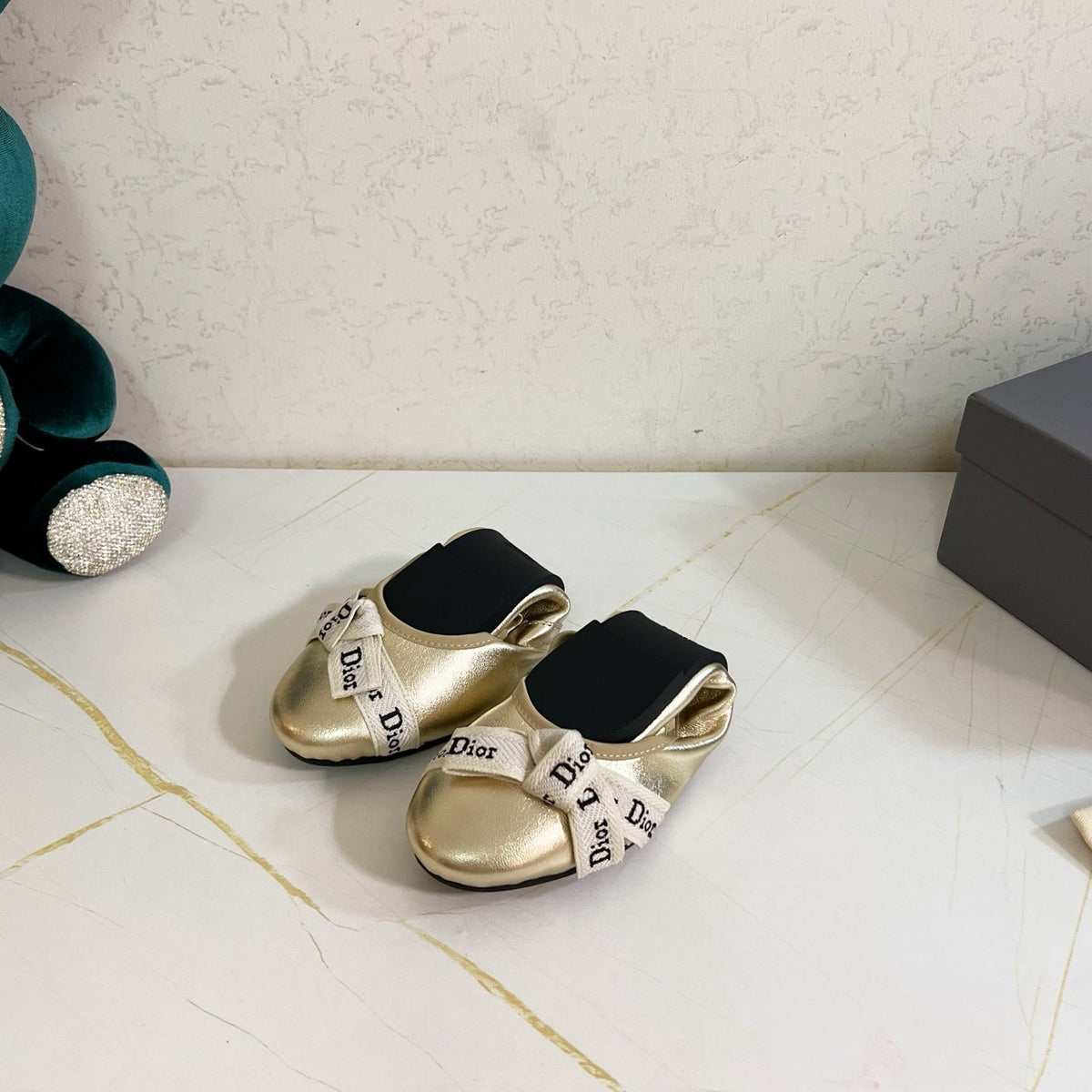 Dior 26s Bow Ballet Flats Gold Calfskin