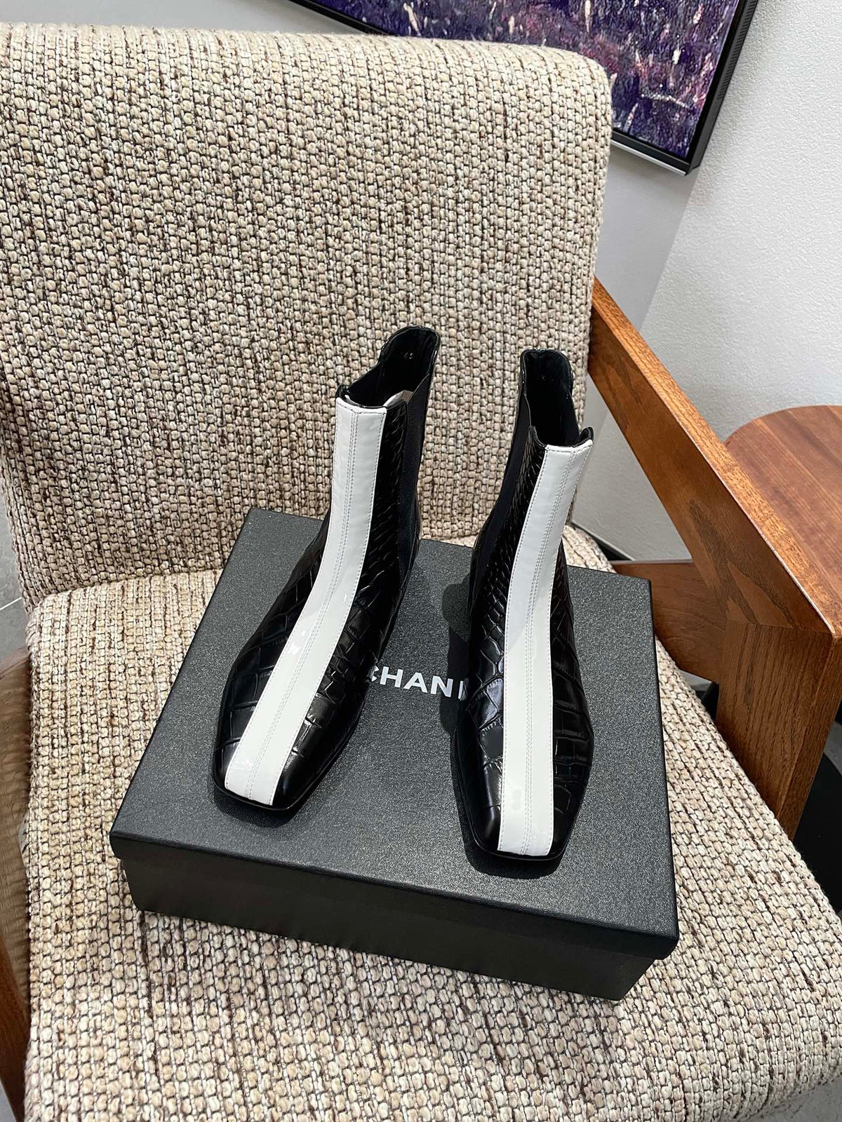 Chanel 26s Ankle Boots Black Crocodile Embossed Calfskin White Trim