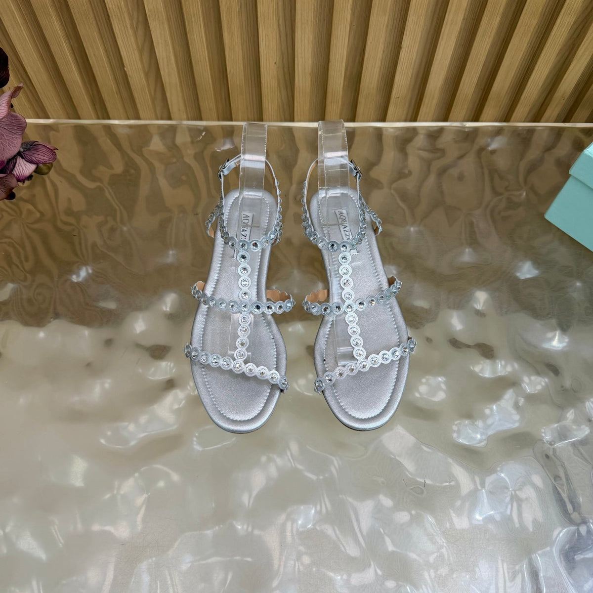 Aquazzura 26s Flat Sandals Silver Calfskin Crystal Embellished 625184