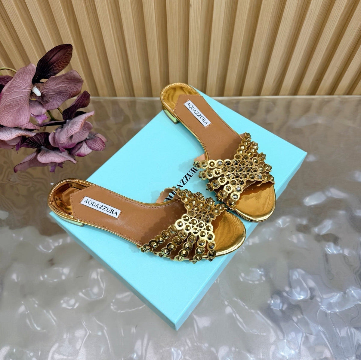 Aquazzura 26s Slides Metallic Gold Calfskin Crystal-Embellished Straps 604928