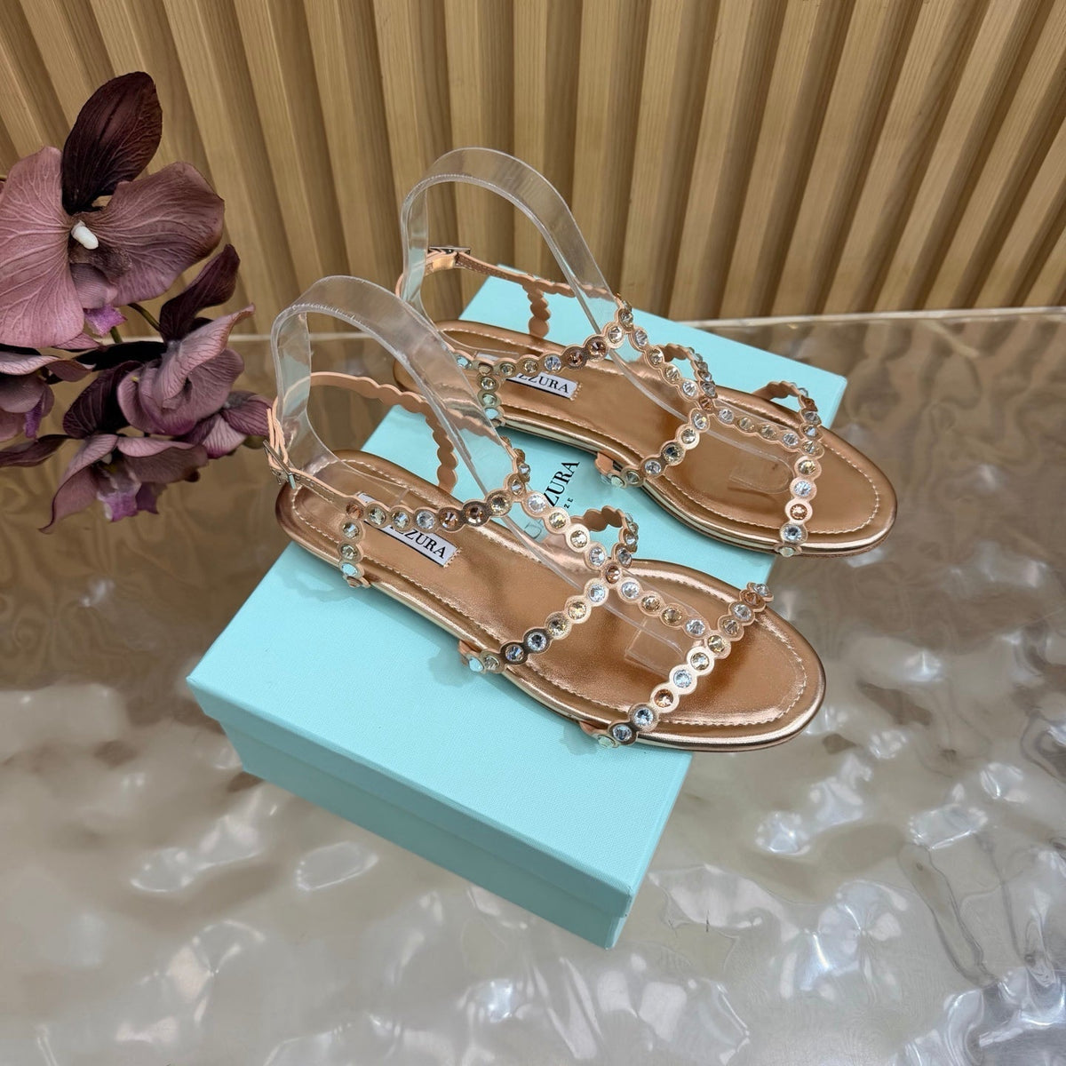 Aquazzura 26s Flat Sandals Rose Gold Calfskin Crystal Embellished 915402