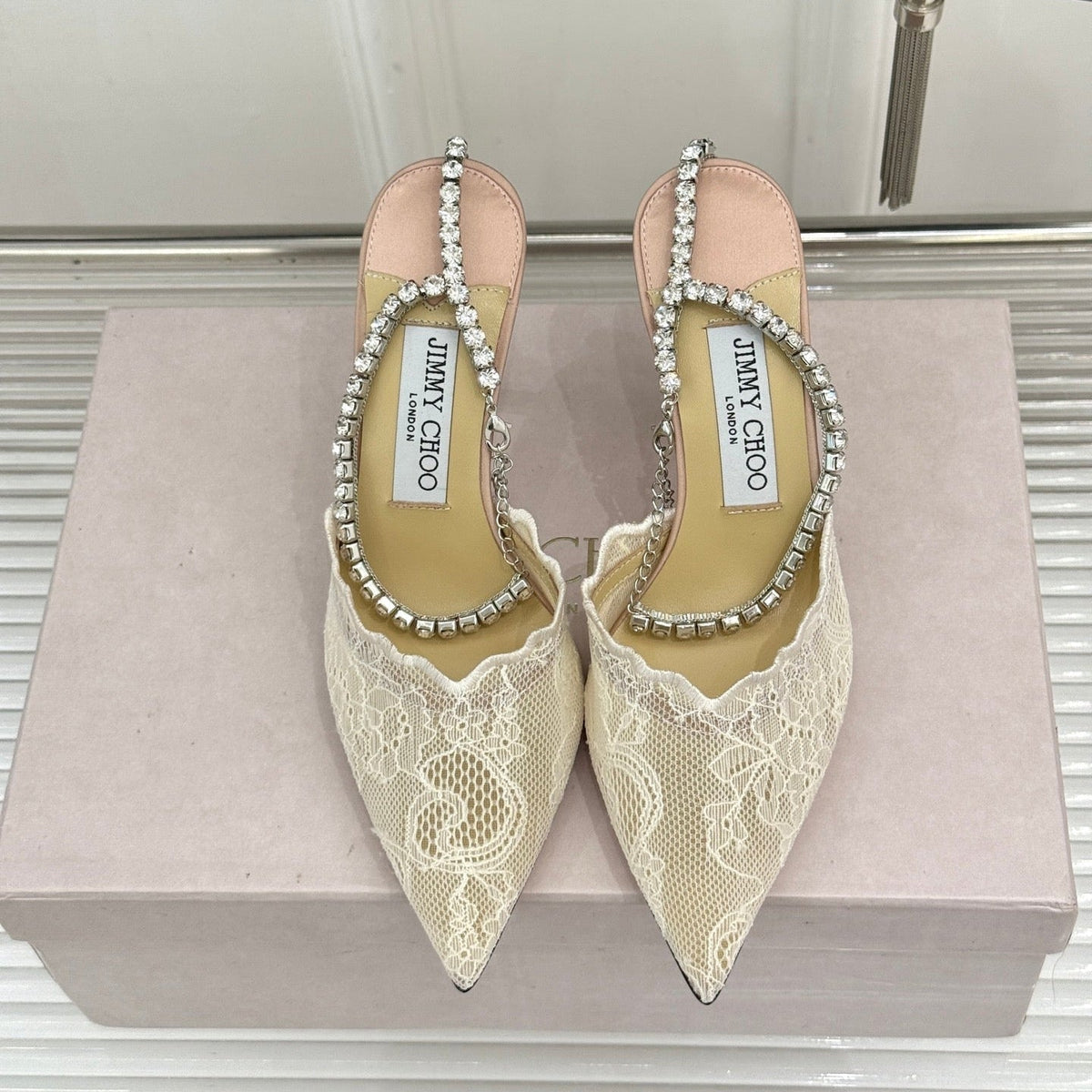Jimmy Choo 26S Embellished High-Heeled Sandals 8.5cm Cream White Lace 639148