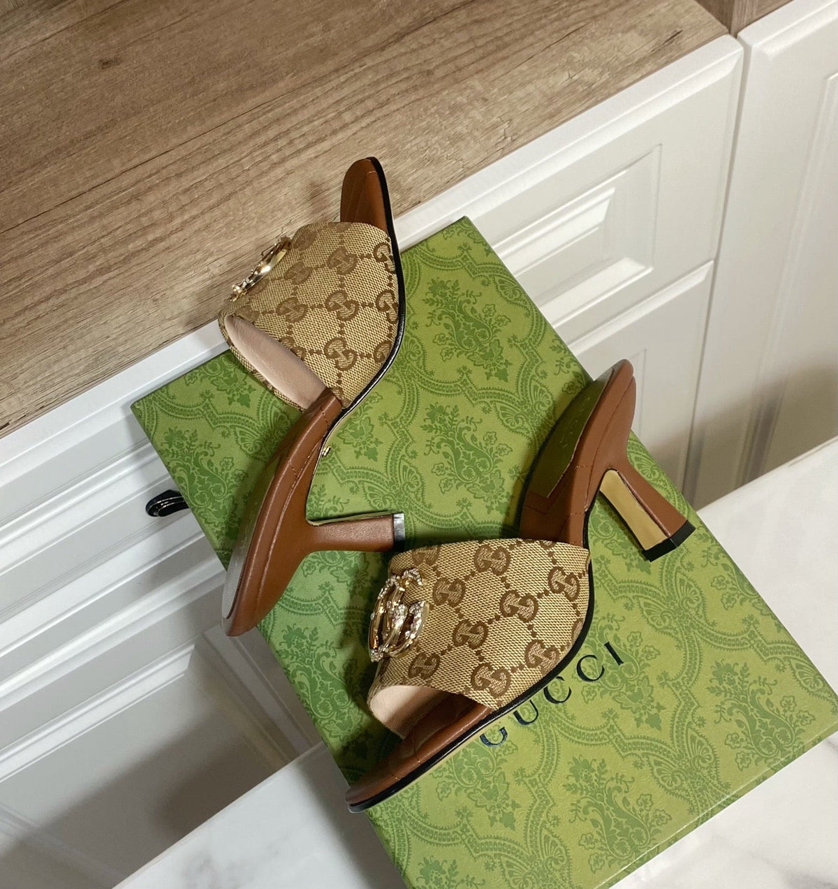 Gucci 26s Heeled Slides 7.5cm Sand Brown Canvas And Lambskin