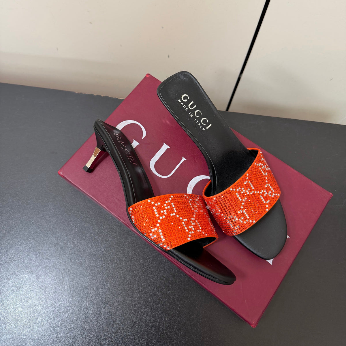 Gucci 26s Mule Sandals 5.5cm Orange Satin Crystal GG