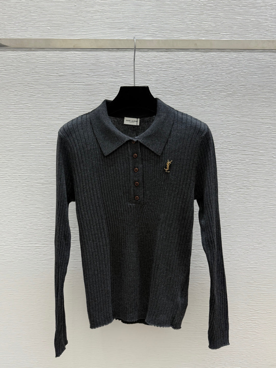 YSL 26FW Ribbed Knit Polo Sweater Gold-Tone YSL Logo Wool 313375