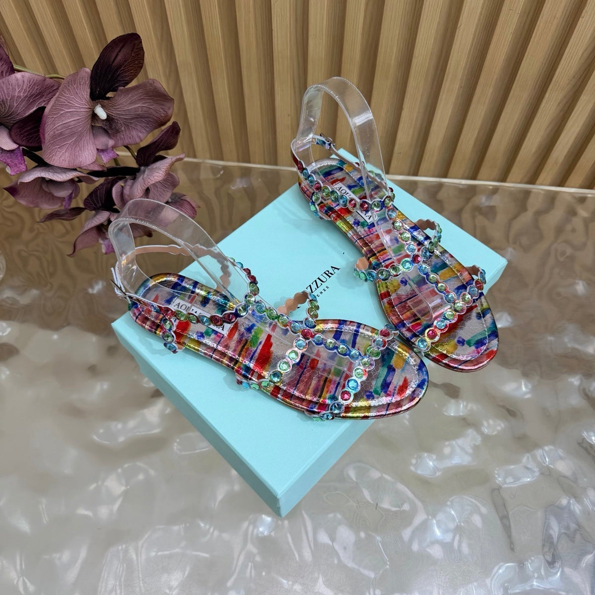 Aquazzura 26s Flat Sandals Multicolor Snakeskin Crystal Embellished 628314