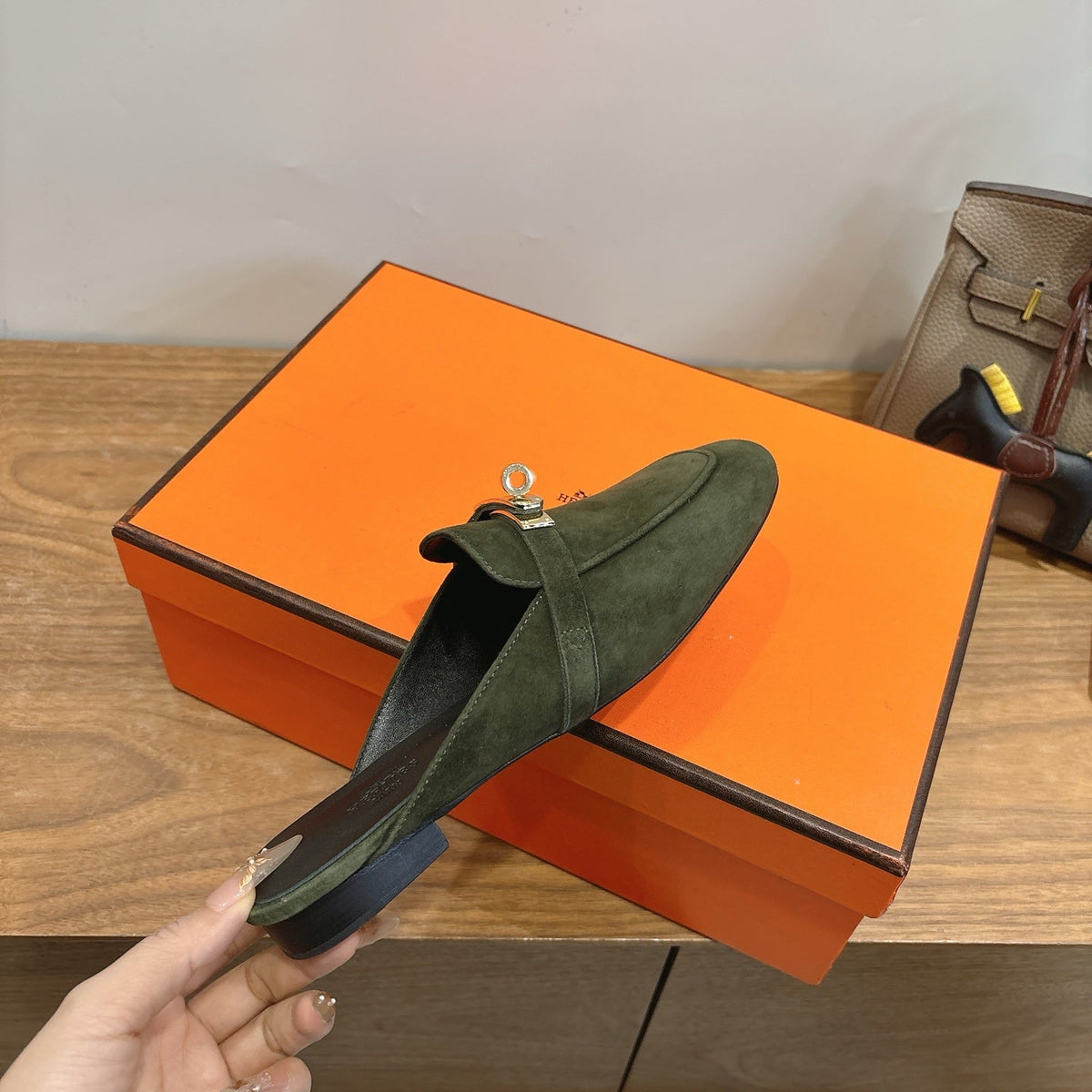 HM 26s Oz Mule Dark Olive Green Suede Gold Hardware