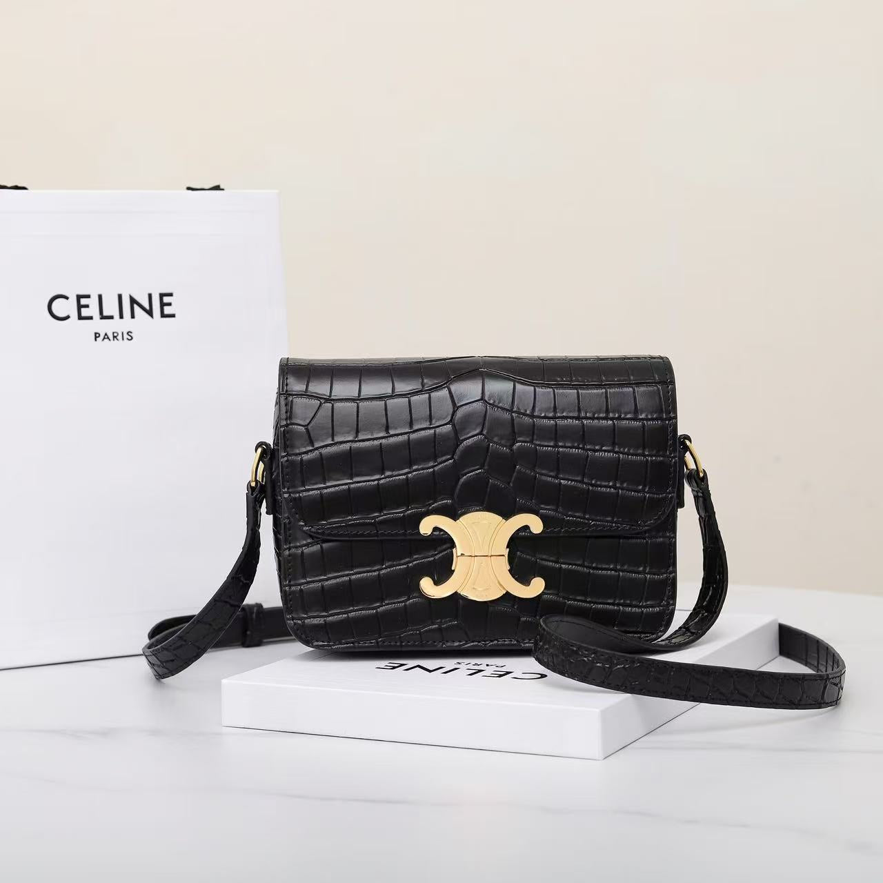 Celine Teen Triomphe Bag Black Crocodile Leather