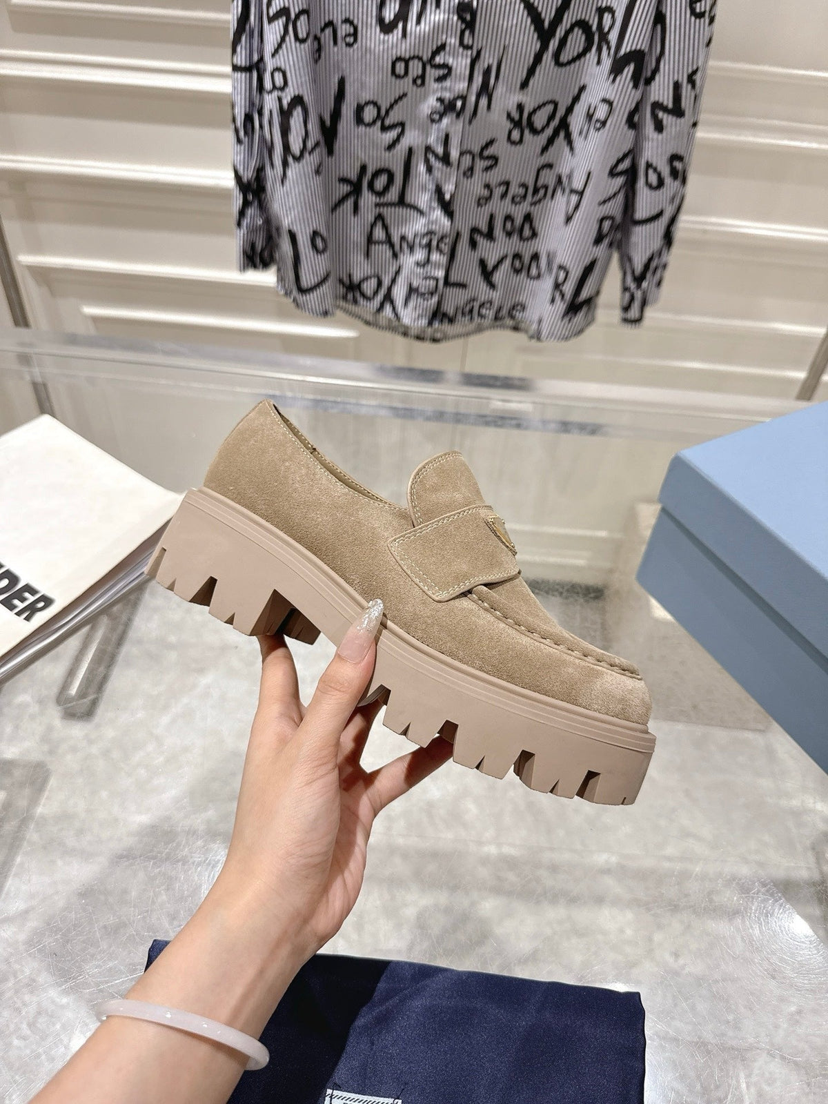 Prada 26S Platform Loafers 45mm Beige Suede