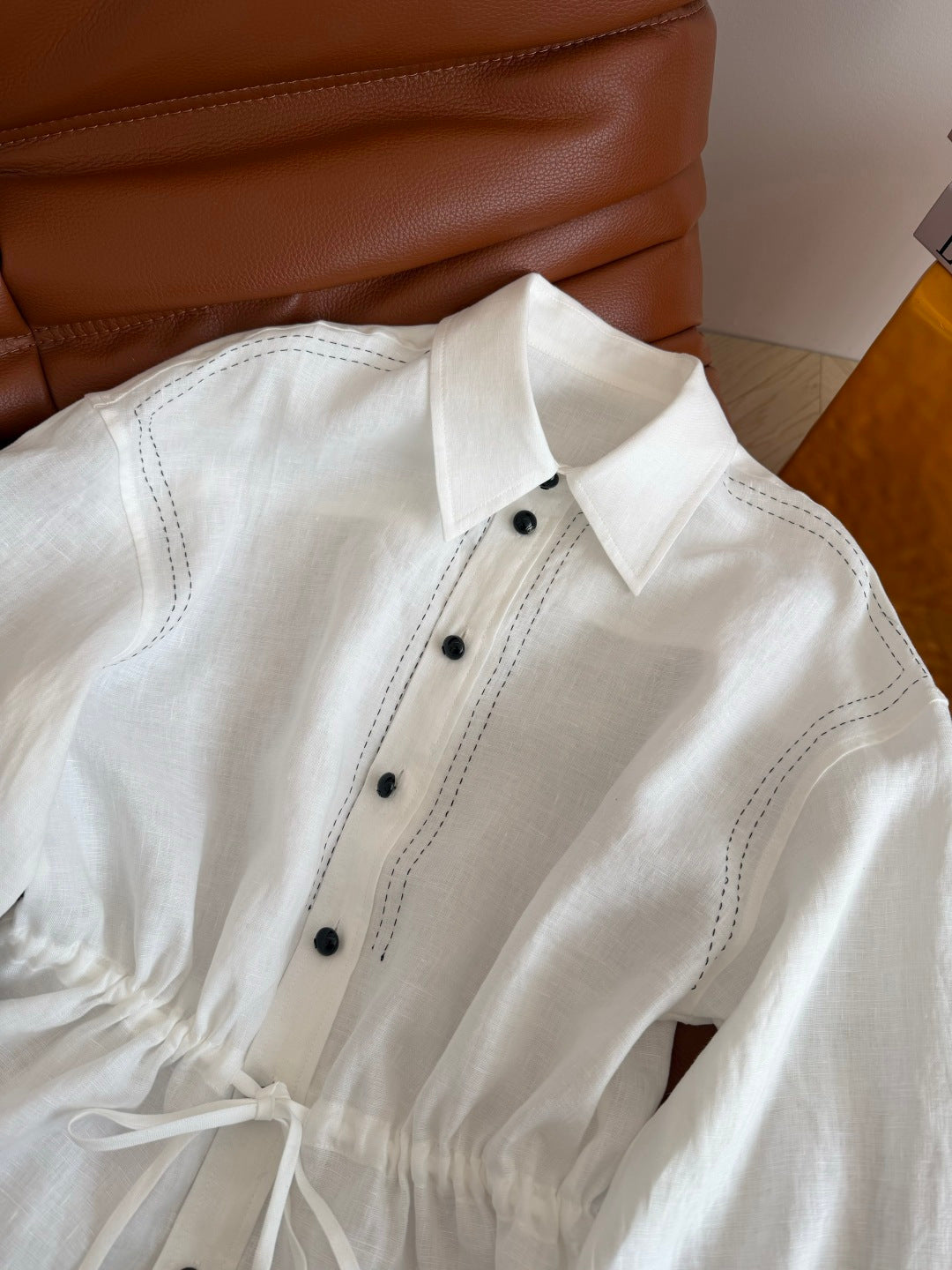 CC 26FW Drawstring Waist Shirt Contrast Stitching Double C Black Buttons White Cotton 438583