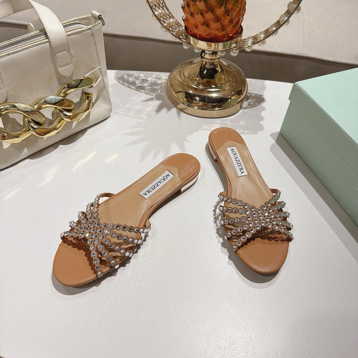 Aquazzura 26s Slides Light Brown Lambskin Crystal Embellished 384029