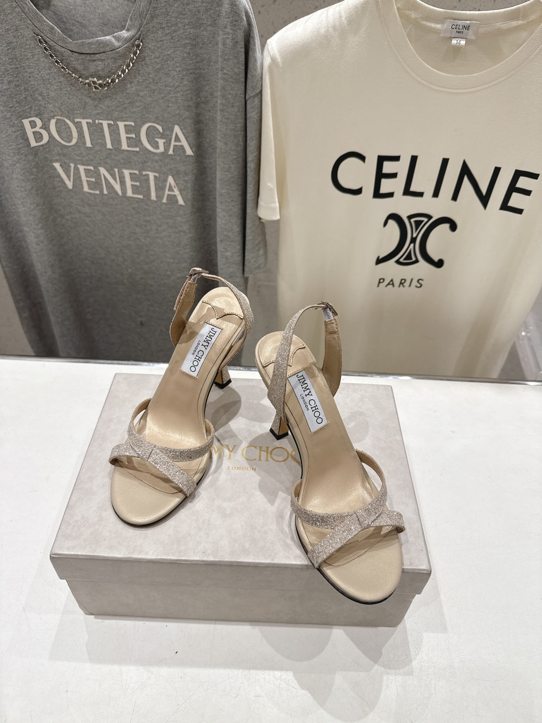 Jimmy Choo 26S High-Heeled Sandals 10.0cm Light Beige Glitter Fabric 618439
