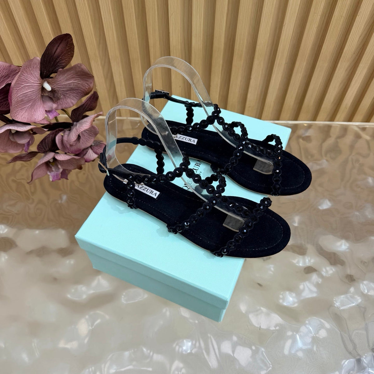 Aquazzura 26s Flat Sandals Black Suede Crystal Embellished 294817
