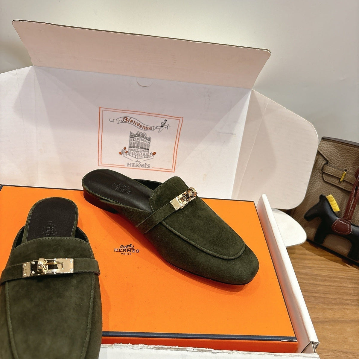 HM 26s Oz Mule Dark Olive Green Suede Gold Hardware