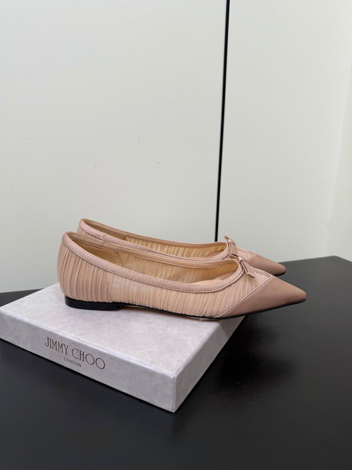 Jimmy Choo 26S Pointed-Toe Flats Nude Satin 639251