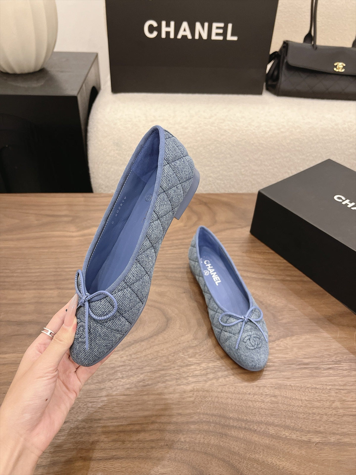 Chanel 26s Ballet Flats Blue Denim CC Logo Bow Detail