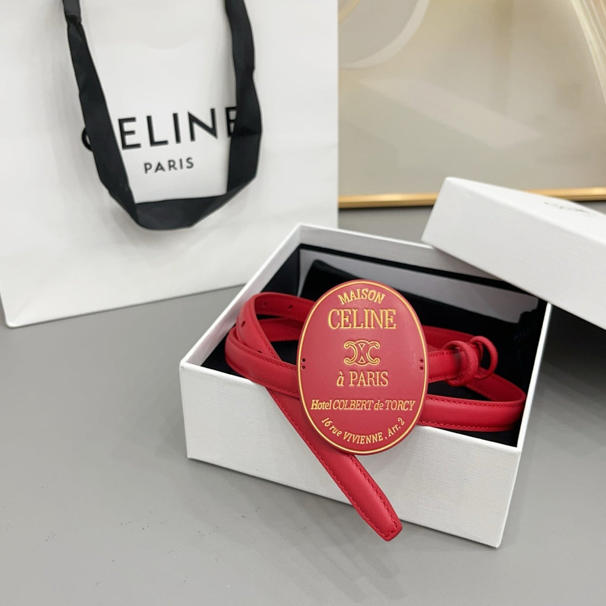 Celine 2026 Triomphe Slim Oval Badge Buckle Belt 13mm Red Leather