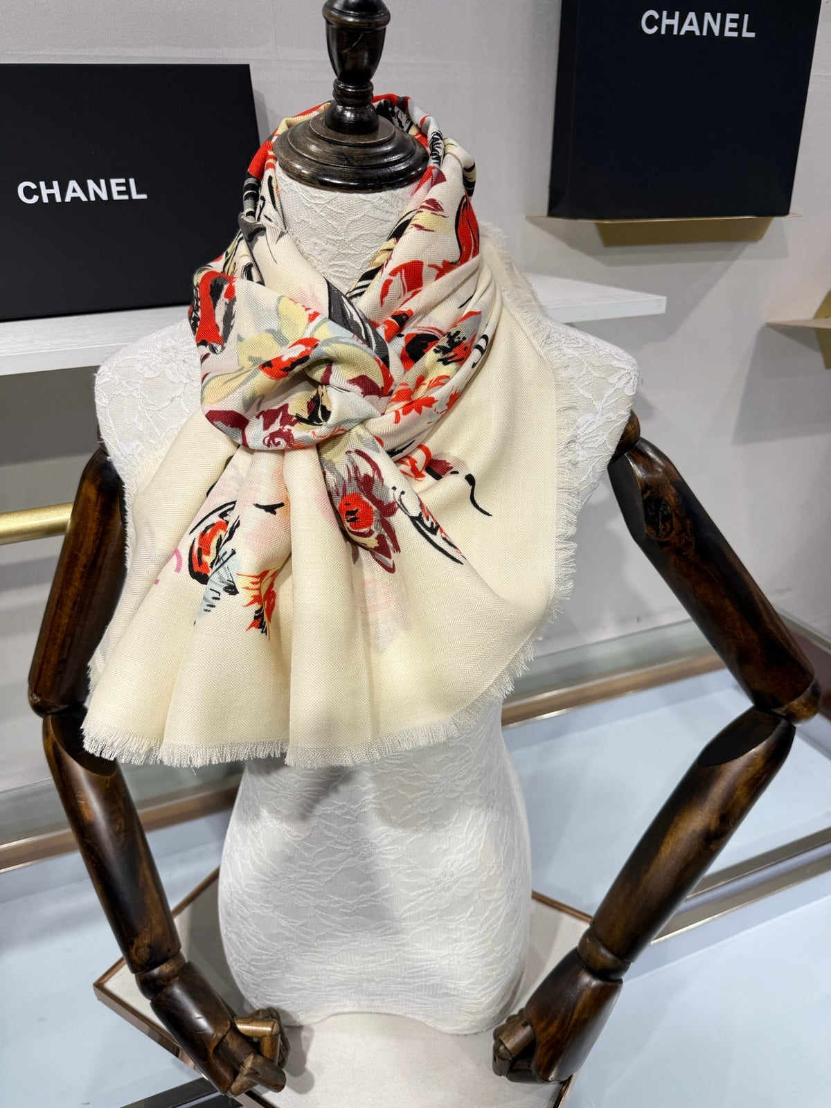 Chanel 2026 Square Scarf 140cm Red White Cashmere Silk 218853