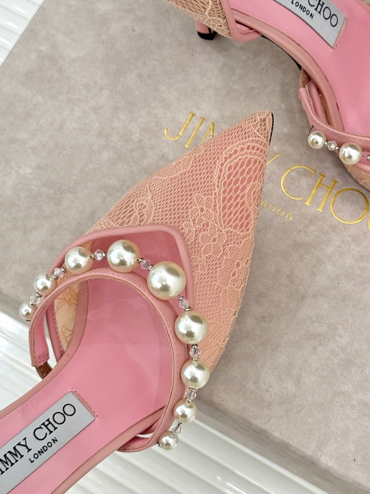 Jimmy Choo 26S High Heels 8.5cm Light Pink Lace Pearl-Embellished 271493