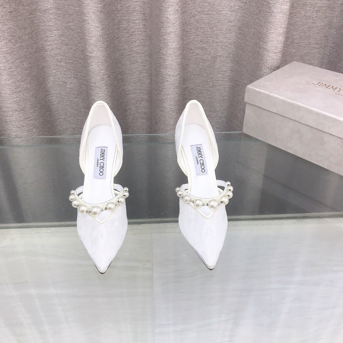 Jimmy Choo 26S High Heels 8.5cm White Lace Pearl-Embellished 395174