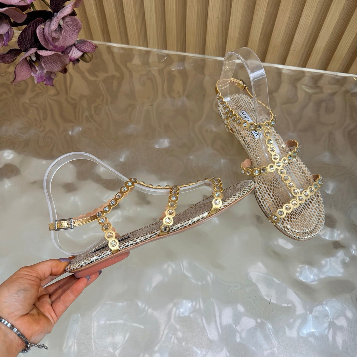 Aquazzura 26s Flat Sandals Gold Snakeskin Crystal Embellished 620483