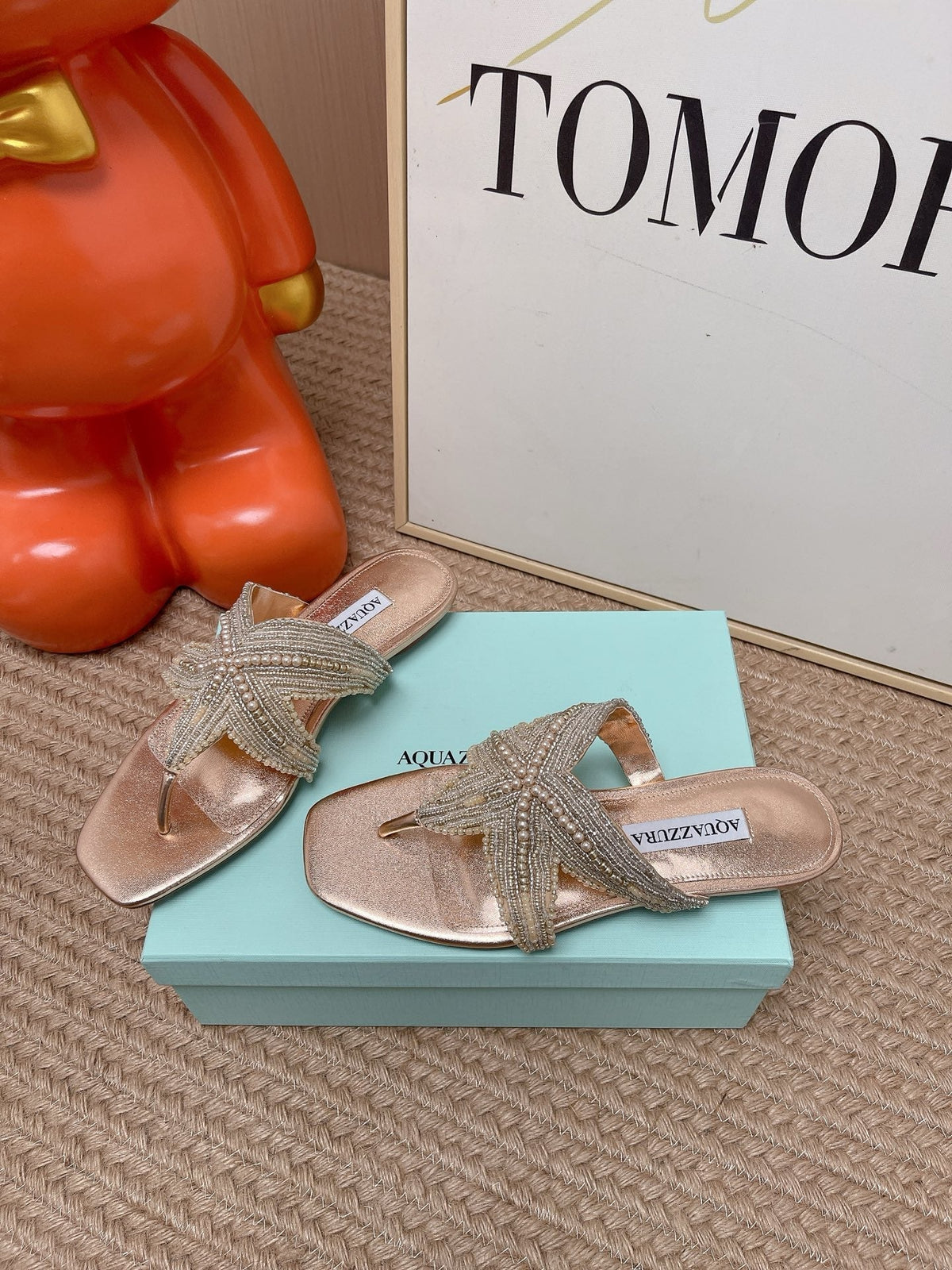 Aquazzura 26s Starfish Beaded Thong Sandals Rose Gold Lambskin 682415