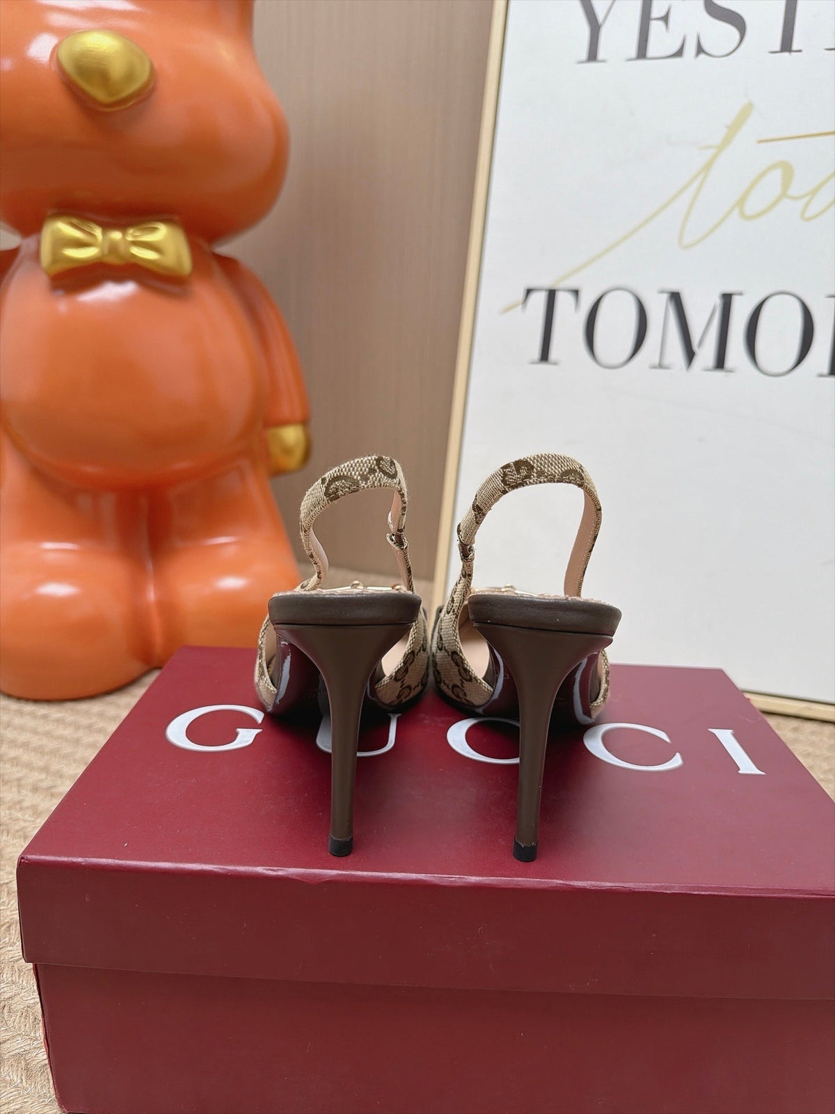 Gucci 26s Slingback Heels 10.5cm Beige Canvas Mix Brown Lambskin