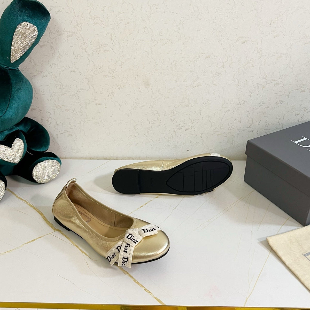 Dior 26s Bow Ballet Flats Gold Calfskin