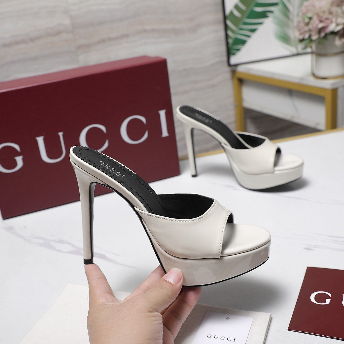Gucci 26s Heeled Slide Sandals 12cm White Patent Calfskin