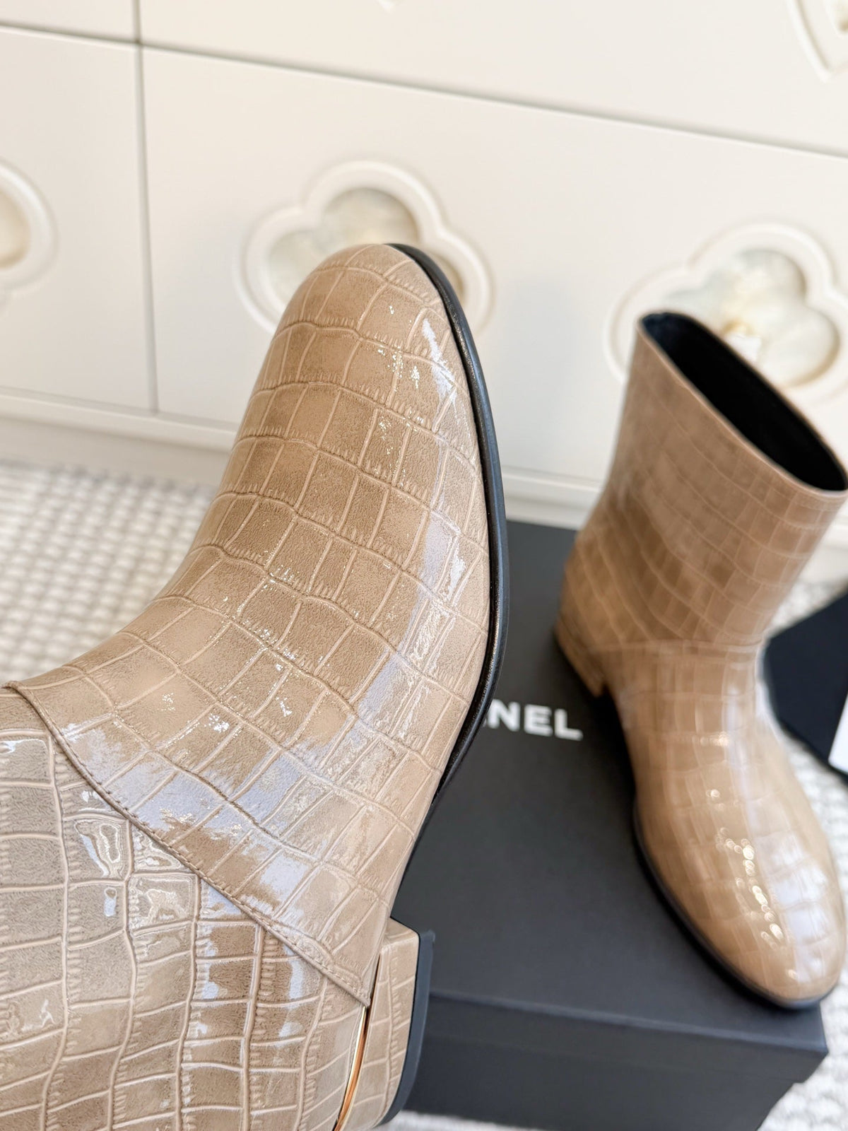 Chanel 26s Short Boots Beige Patent Crocodile Embossed