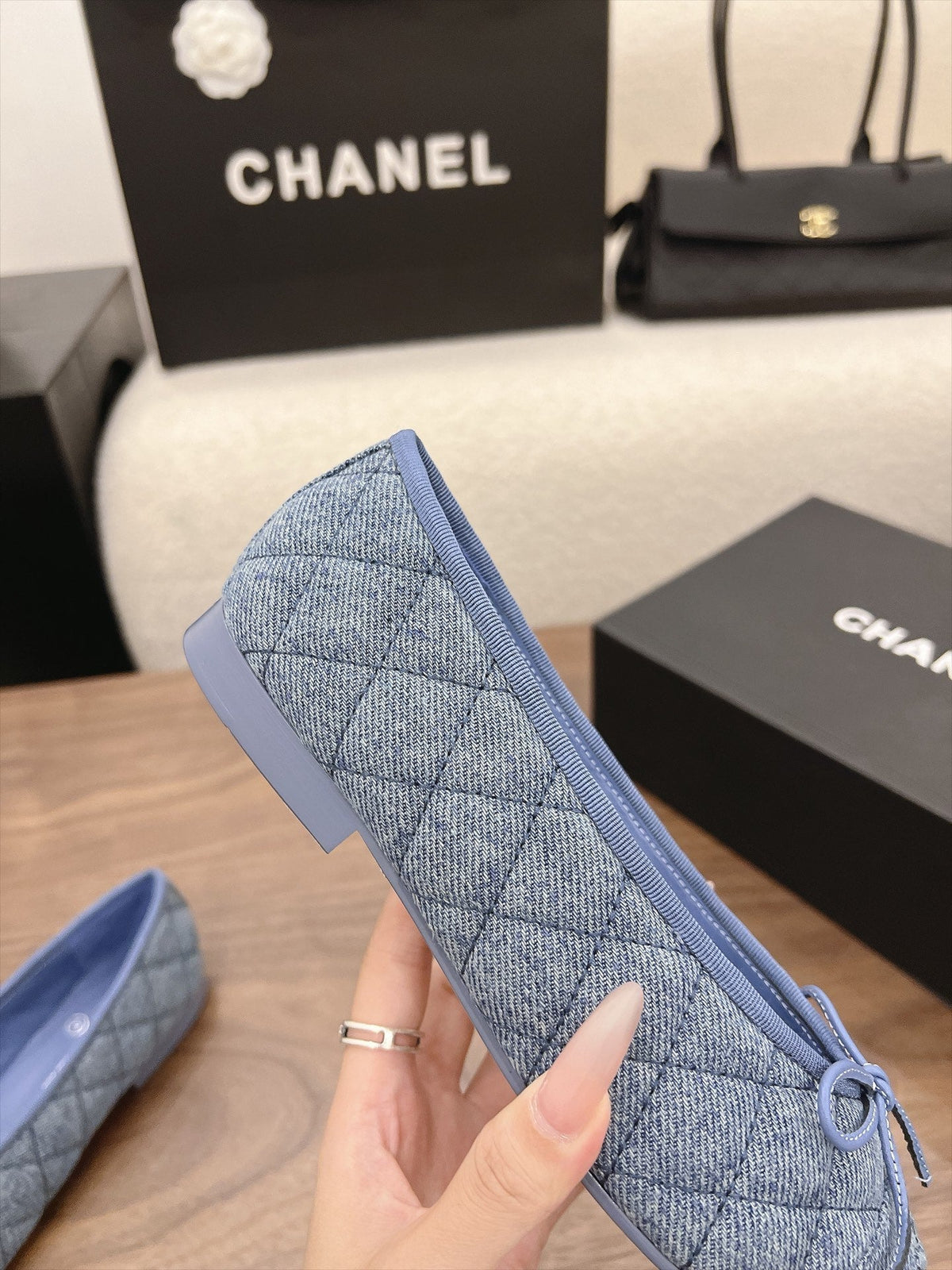 Chanel 26s Ballet Flats Blue Denim CC Logo Bow Detail