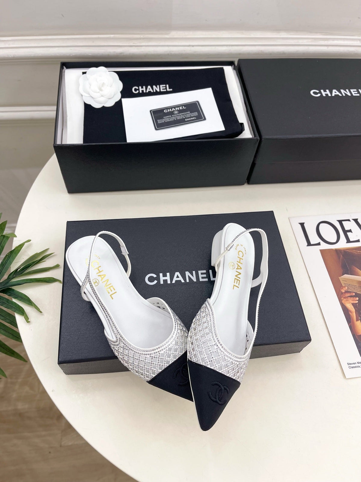 Chanel 26s Flat Pointed Toe Slingback White Mesh Black Toe Cap