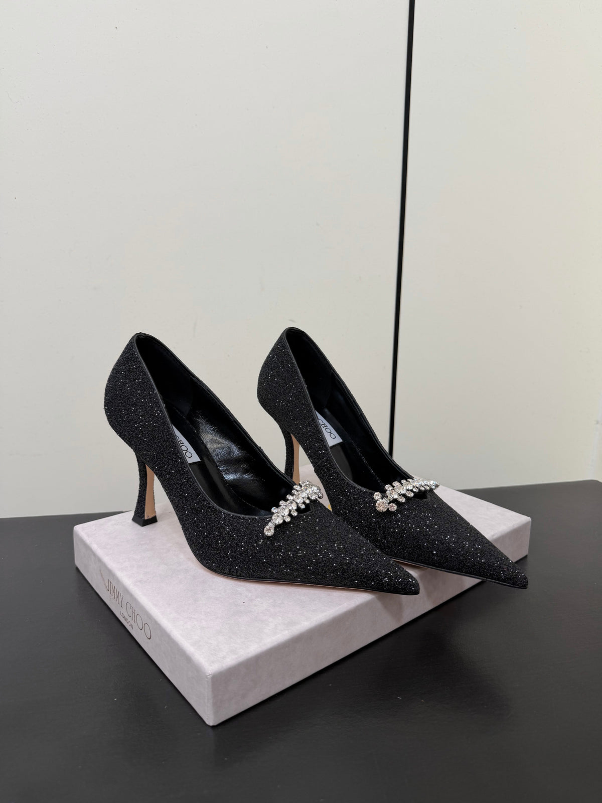 Jimmy Choo 26S Embellished High Heels 9.0cm Black Glitter 635194