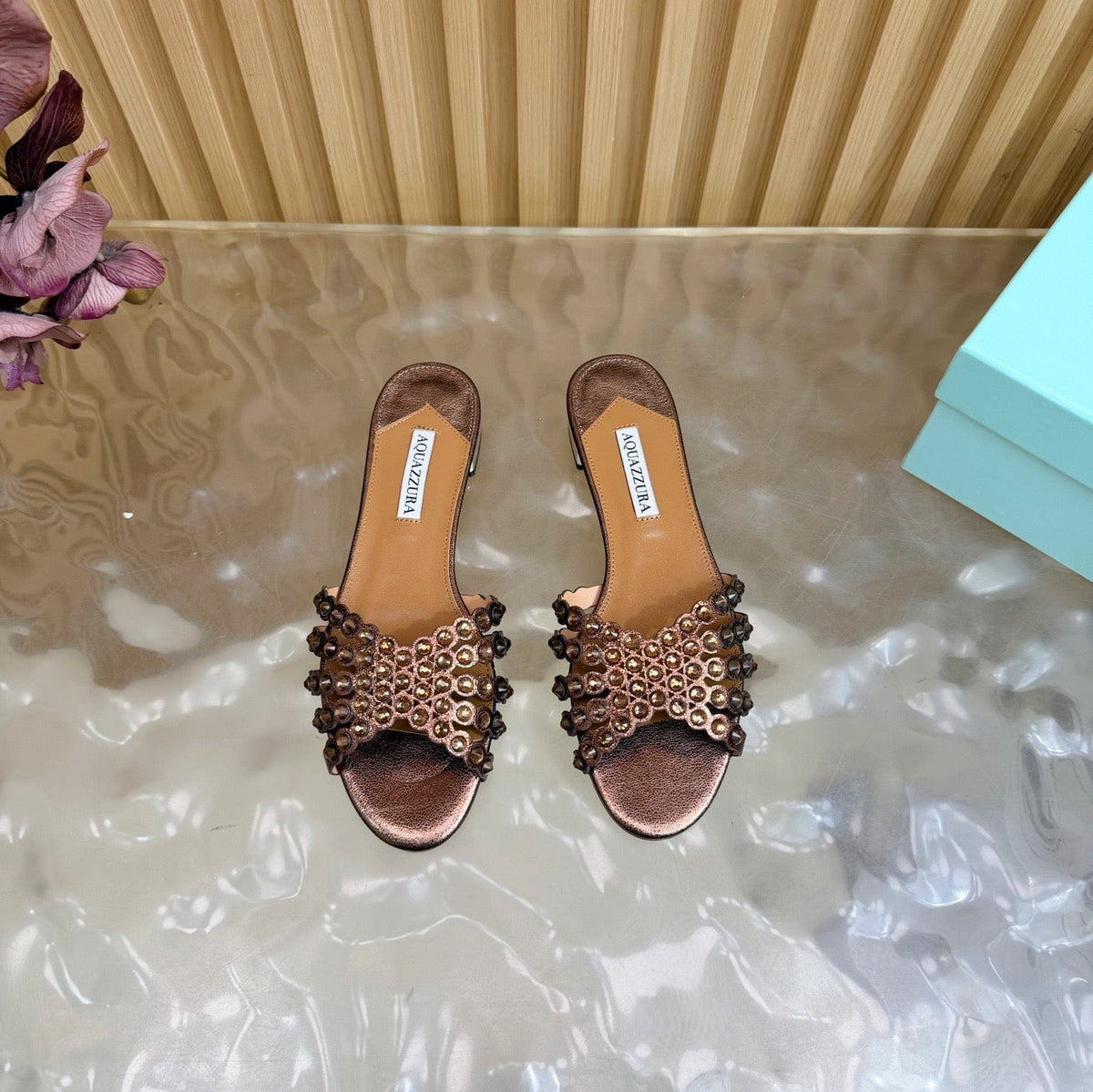 Aquazzura 26s Slides Bronze Calfskin 492015