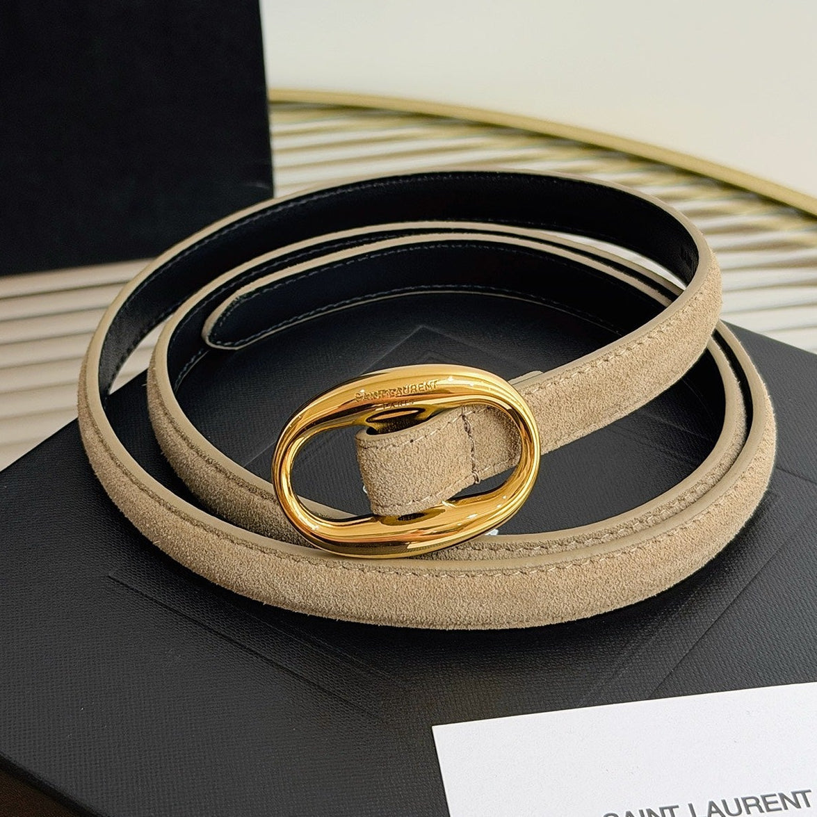 Saint Laurent 2026 Oval Belt 15mm Beige Suede 219123