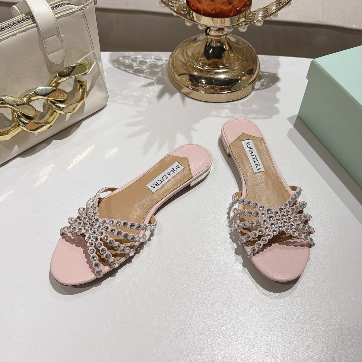 Aquazzura 26s Slides Light Pink Lambskin Crystal Embellished 592841