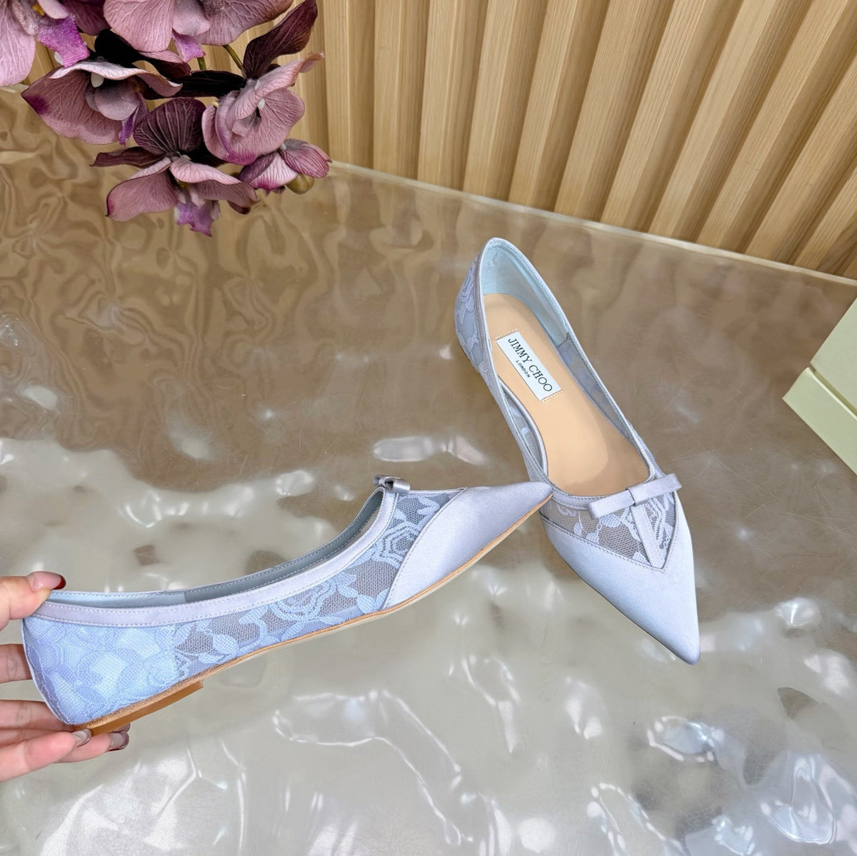 Jimmy Choo 26S Flats Pastel Blue Lace And Satin 418295