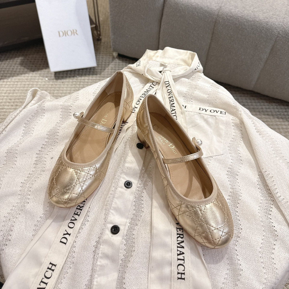 Dior 26s Mary Jane Pumps Gold Lambskin Pearl-Adorned Strap