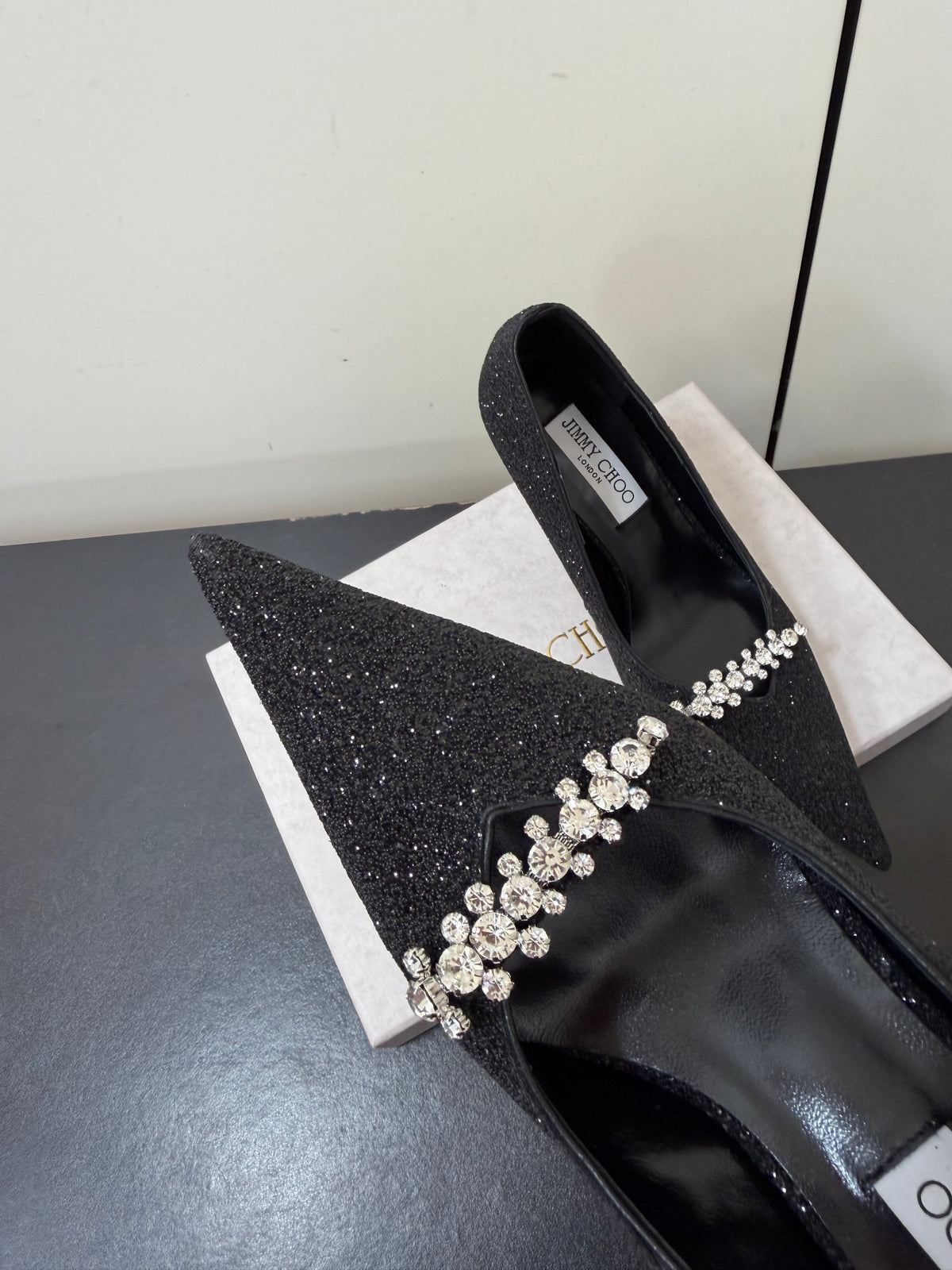 Jimmy Choo 26S Embellished High Heels 9.0cm Black Glitter 635194