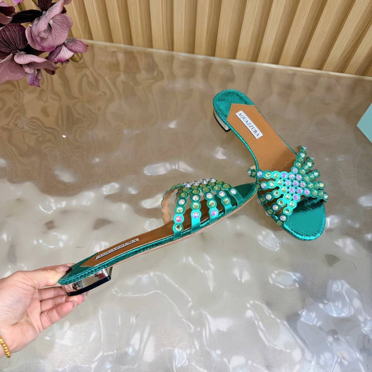 Aquazzura 26s Slides Emerald Green Snakeskin Embossed Leather 592814