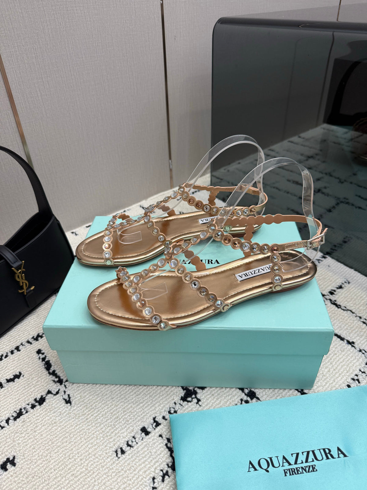 Aquazzura 26s Flat Sandals Rose Gold Lambskin Crystal-Embellished 719405