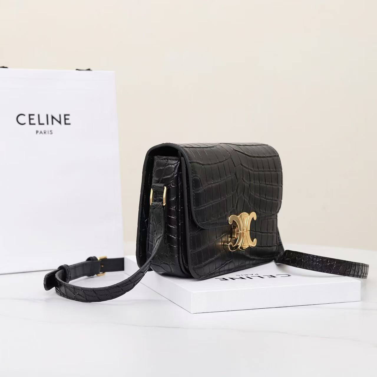 Celine Teen Triomphe Bag Black Crocodile Leather